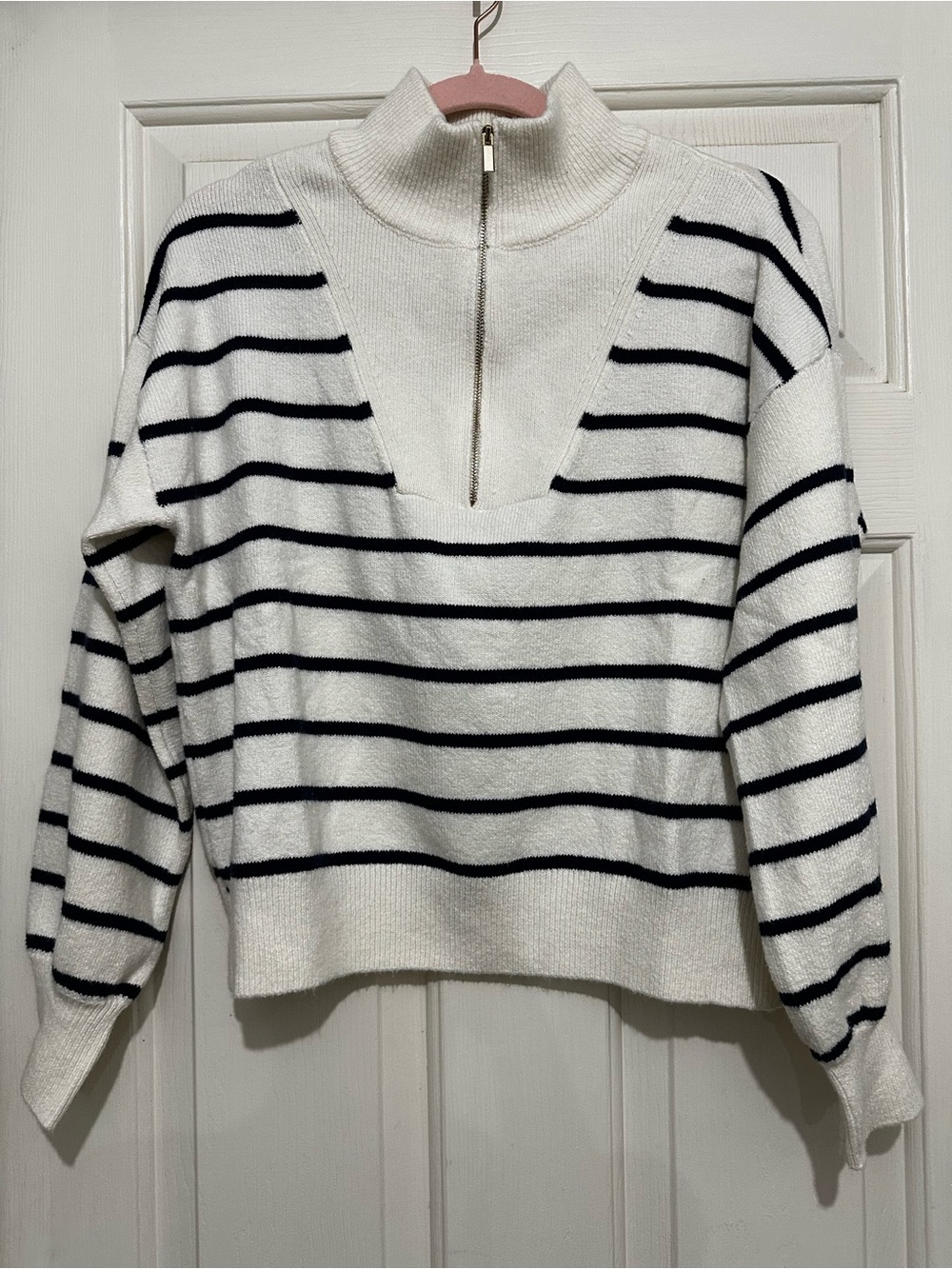 Draper James White and Black Striped Half-Zip Mock Neck Sweater